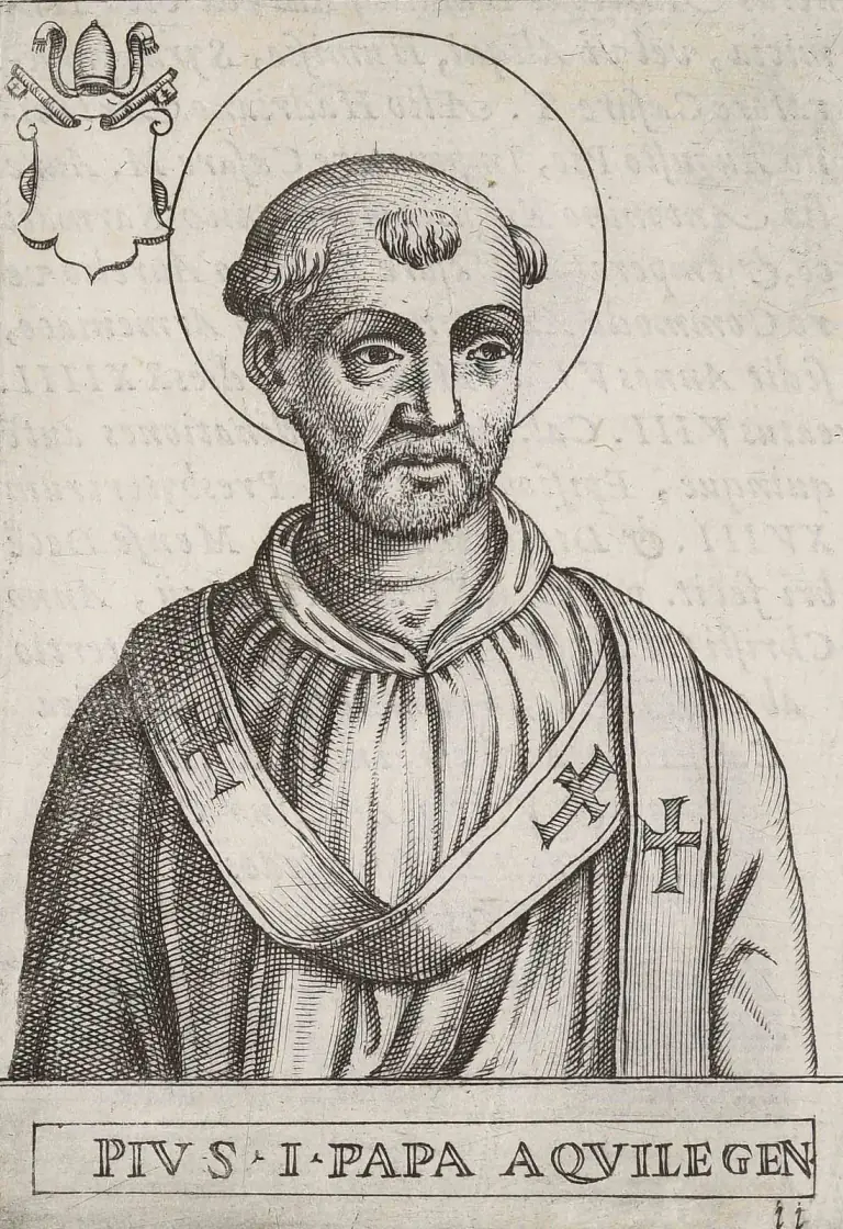 Sixteenth-century engraving of a bearded, tonsured pope with a halo, shown half-length facing the viewer in a hooded cope and a pallium marked with crosses, the papal tiara and crossed keys above a blank shield in the upper corner, above the caption Pius I Papa Aquilegen