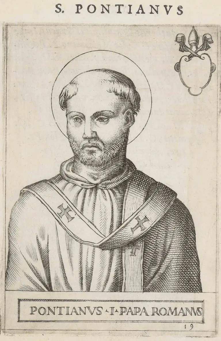 Sixteenth-century engraving of a bearded pope with short curling hair and a halo, shown half-length and facing forward, in a hooded cope with a pallium marked with crosses, an empty shield under crossed keys and a tiara in the upper corner, under the heading S. Pontianus and above the caption Pontianus I Papa Romanus