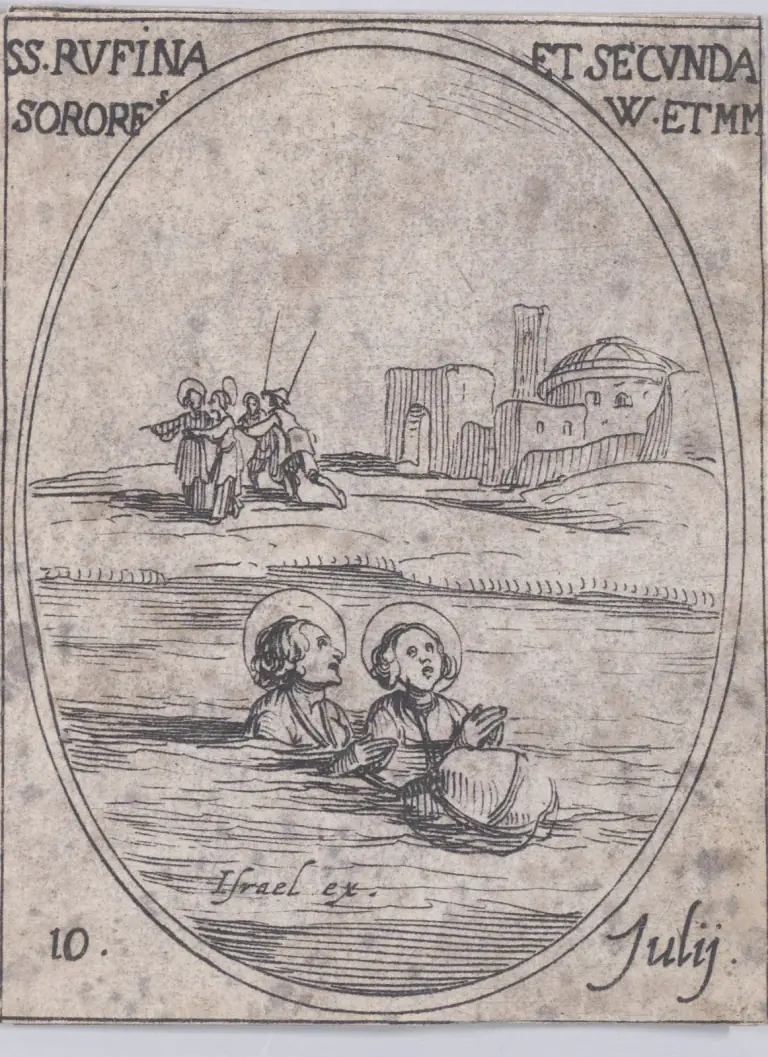 Small seventeenth-century etching in an oval frame of two young women with halos standing waist-deep in a river, hands joined in prayer and looking upward; in the distance two haloed figures are seized by soldiers with lances beside ruined buildings, inscribed SS. Rufina et Secunda Sorores VV. et MM. and 10 Julij