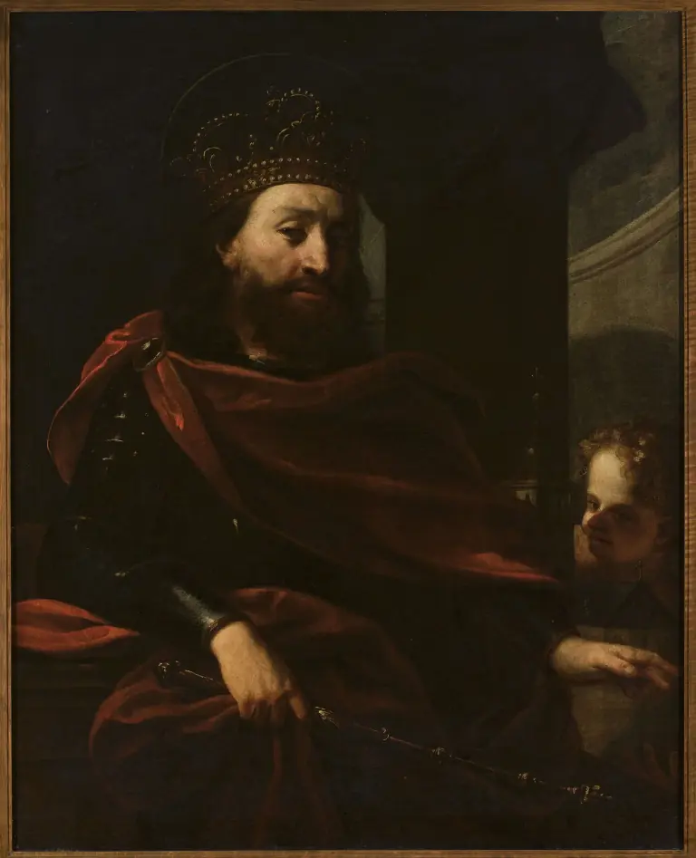 Seventeenth-century oil painting of a bearded king with a halo and a jeweled crown, in armor under a heavy red cloak, holding a scepter, while a curly-haired boy looks out from behind the cloak and a church tower rises in the background