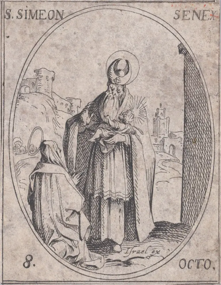 Small seventeenth-century etching in an oval frame of a bearded old man with a halo, in a tall headdress and long vestments, holding the radiant infant Jesus in his arms, a veiled woman with a halo kneeling at lower left, a tall dark column at right and towers in the distance, inscribed S. Simeon Senex and 8 Octo.