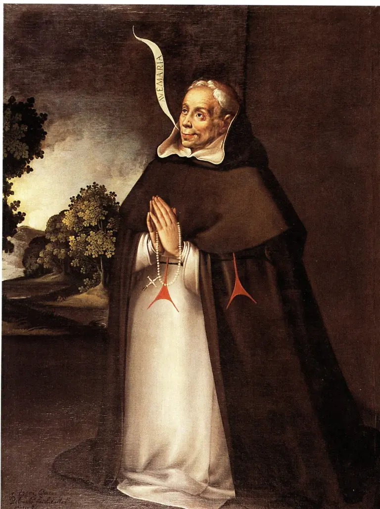 Seventeenth-century Spanish portrait of an old white-haired friar in a white habit and dark cloak and hood, the red and blue cross of the Trinitarians on his breast, kneeling with joined hands and a rosary, a scroll reading Ave Maria rising from his lips, a wooded landscape behind