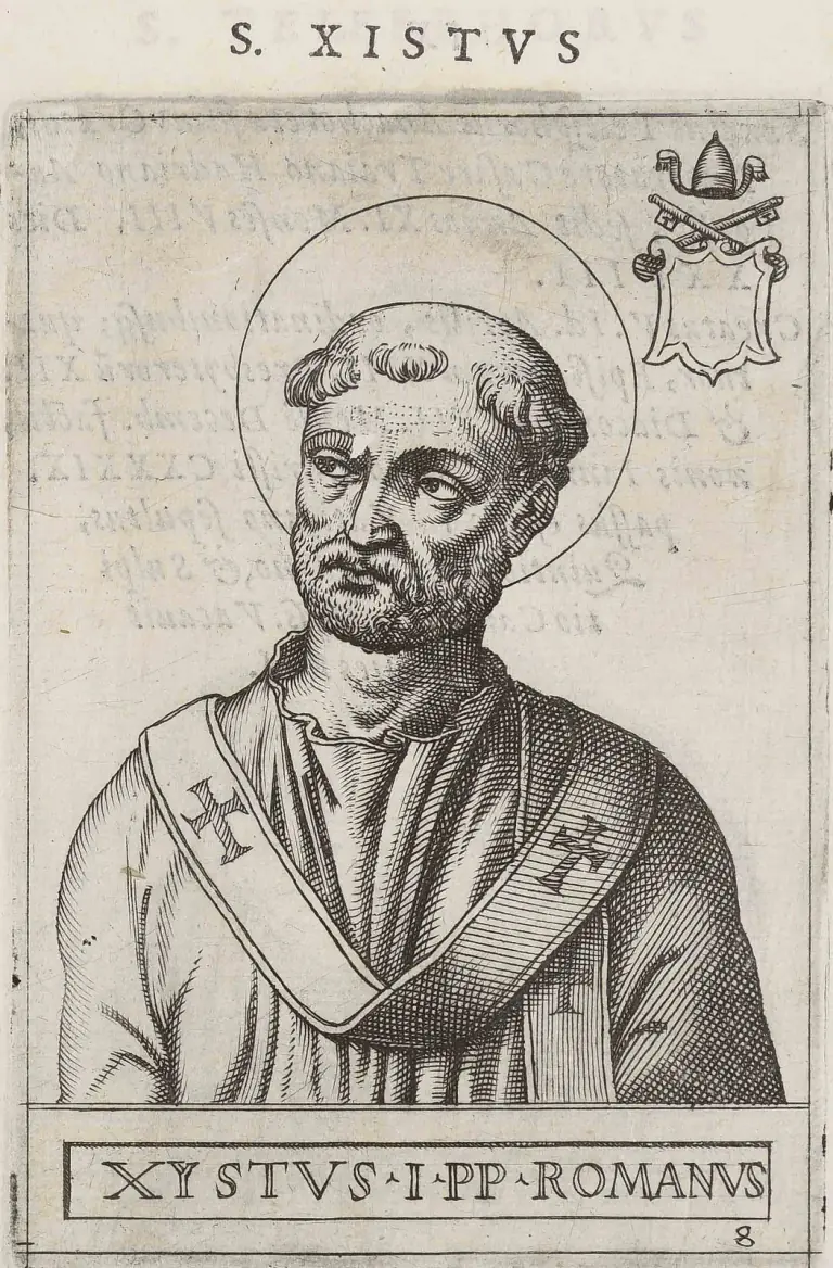 Sixteenth-century engraving of a bareheaded, bearded pope with a halo, looking upward to one side, wearing a pallium marked with crosses, with an empty papal shield under a tiara and crossed keys in the upper corner, headed S. Xistus and captioned Xystus I PP Romanus
