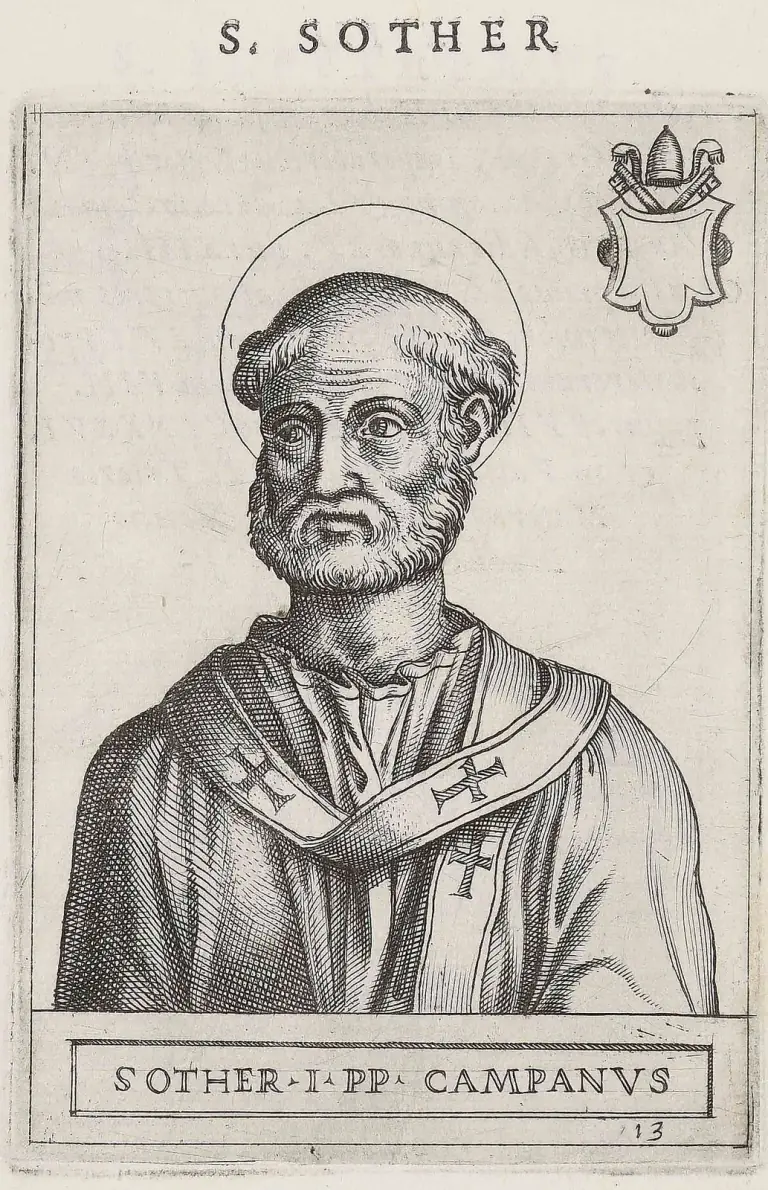 Sixteenth-century engraving of an older bearded pope with a halo, shown half-length and looking to one side, in a cope and a pallium marked with crosses, the papal tiara and crossed keys above a blank shield in the upper corner, under the heading S. Sother and above the caption Sother I PP. Campanus