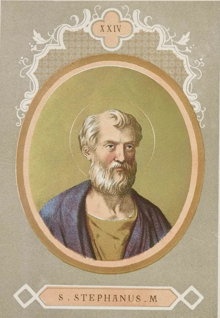 Nineteenth-century color lithograph of a white-haired, bearded man with a thin halo, wearing a blue mantle over a gold tunic, shown head and shoulders in an oval frame under the numeral XXIV, with a scrolled border and a label reading S. Stephanus M.
