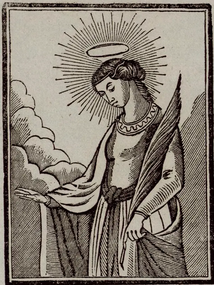 Grabado en madera del siglo XIX de una mujer joven con aureola radiante y la cabeza inclinada, con túnica de cuello ornamentado y manto, que sostiene una palma de mártir contra el hombro y extiende la mano derecha, con nubes detrás