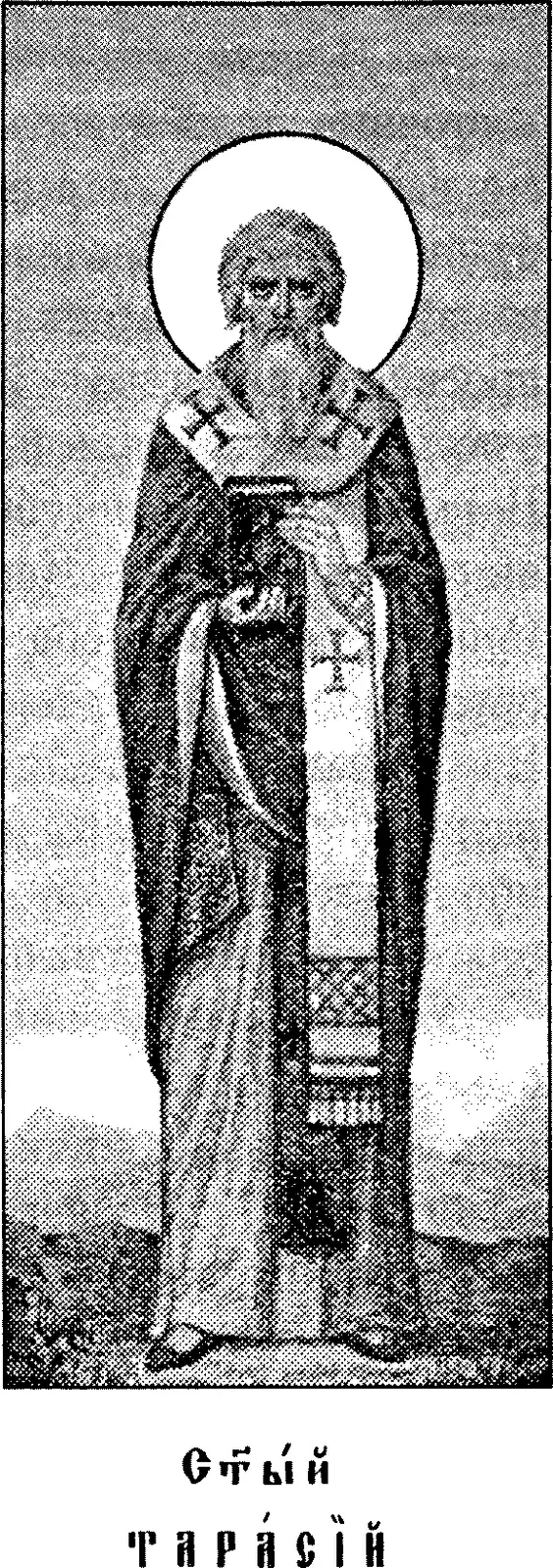 Icono impreso de principios del siglo XX de un obispo barbado con aureola, de pie, con vestiduras y una estola marcada con cruces sobre los hombros, que sostiene un libro cerrado a la altura del pecho, sobre una leyenda en eslavo eclesiástico que dice San Tarasio