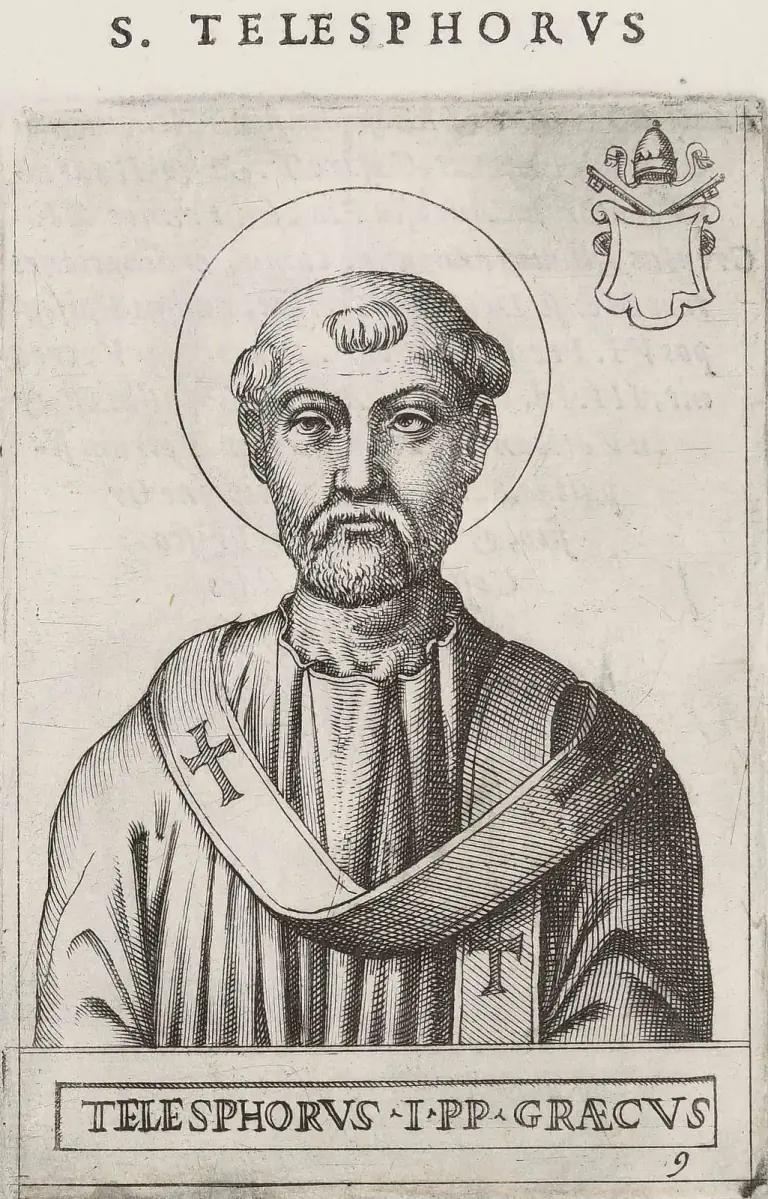 Sixteenth-century engraving of a bearded, tonsured pope with a halo, shown half-length facing the viewer in a cope and a pallium marked with crosses, the papal tiara and crossed keys above a blank shield in the upper corner, under the heading S. Telesphorus and above the caption Telesphorus I PP Graecus