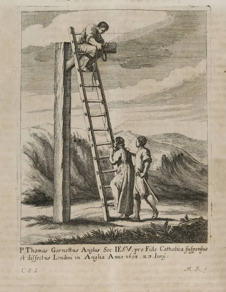 Seventeenth-century engraving of a priest in a long cassock climbing a ladder set against a gallows, while an executioner at the top fixes the rope and a soldier with a drawn sword stands behind him, above a Latin caption naming Father Thomas Garnet, English Jesuit, executed in London on June 23, 1608