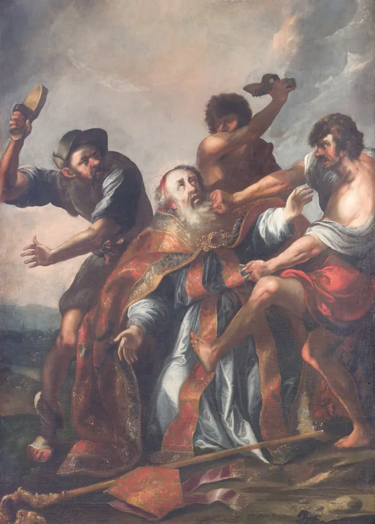 Seventeenth-century oil painting of an old white-bearded bishop in a red and gold cope falling backward as four men attack him, two raising wooden clogs over their heads and one gripping his beard, his crozier and mitre lying on the ground