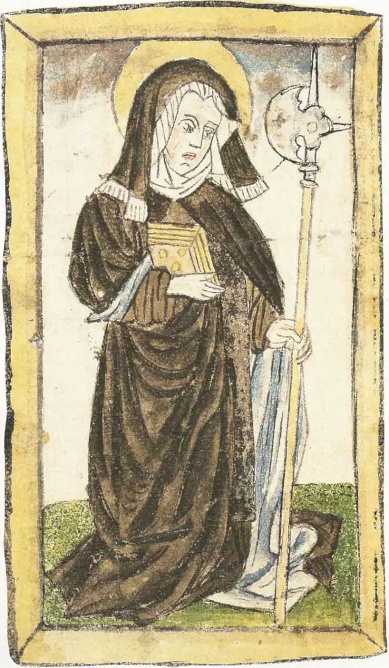 Fifteenth-century manuscript painting of a kneeling woman with a gold halo, in a brown habit with a white wimple and dark veil, holding a closed book against her breast in one hand and a tall halberd in the other, inside a yellow border