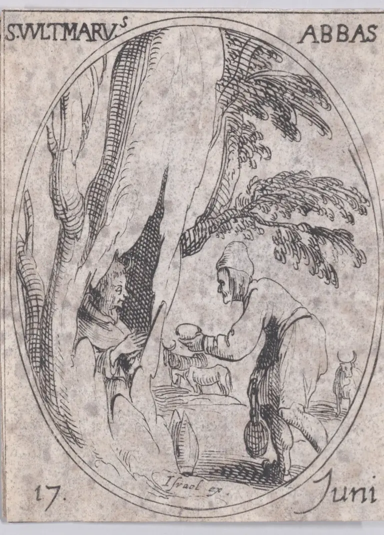 Small seventeenth-century etching in an oval frame of a bearded hermit looking out from the hollow trunk of a great tree while a peasant in a cap stoops toward him holding out a loaf, a basket hanging from his arm, with cattle grazing behind, inscribed S. Vultmarus Abbas and 17 Juni