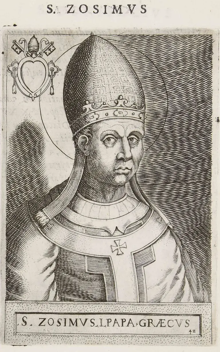 Grabado del siglo XVI de un papa sin barba, con aureola y un rostro grueso de mirada fija, con una tiara alta y cónica de una sola corona y un palio marcado con una cruz, de medio cuerpo y de frente, con una tiara, llaves cruzadas y un escudo en blanco en la esquina superior, bajo el encabezado S. Zosimus y sobre la leyenda S. Zosimus I Papa Graecus